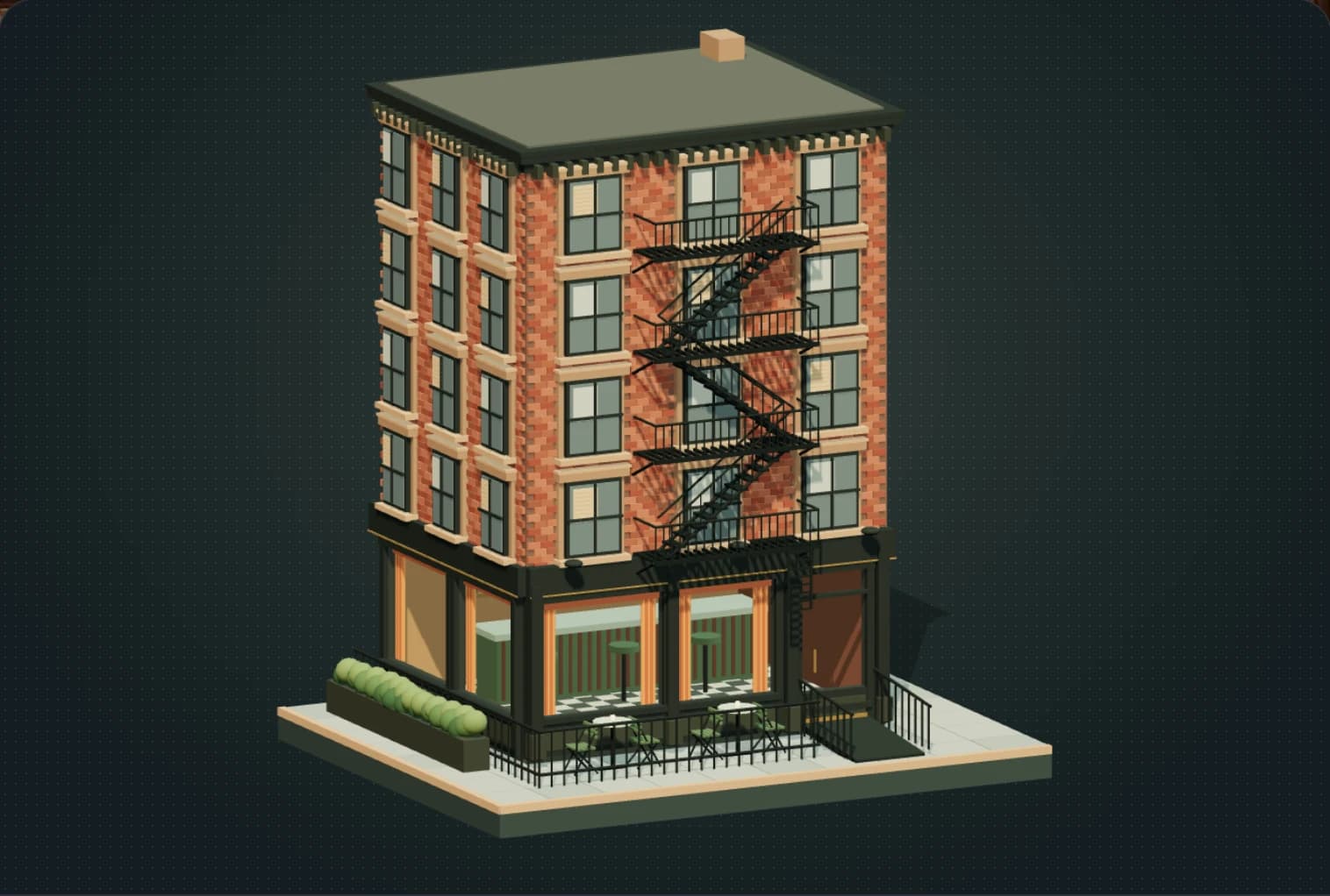 Architectural miniature of The Corner Store, with a red brick corner building, dark storefront, amber curtains, and an iron fire escape.