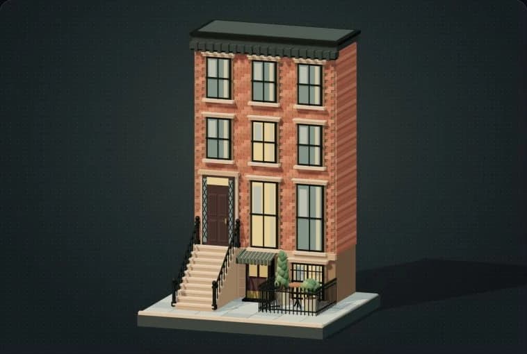 Architectural miniature of 4 Charles Prime Rib, with a brick facade, tall stoop, and a small entrance beneath a striped canopy.